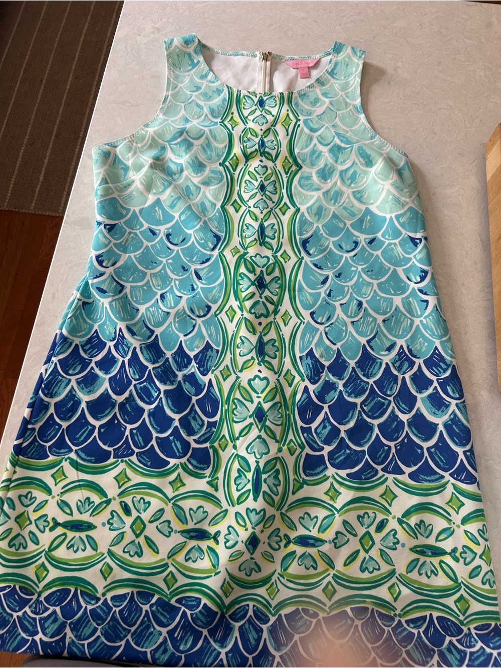 Perla Shift Dress fish Scale Back Engineered Scuba neoprene material
